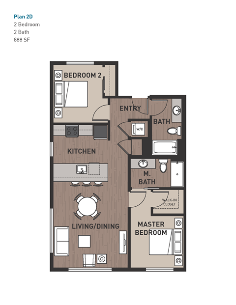 Floor plan for 2 beds, 2 baths, 888 sqft